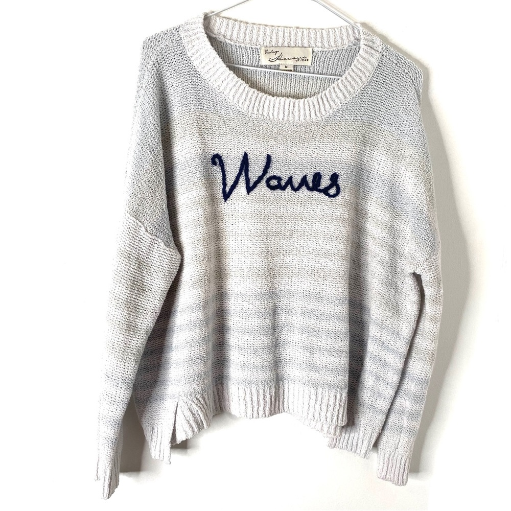 Vintage Havana Blue White Grey Stripe Wave Knit Sweater Rib Neck